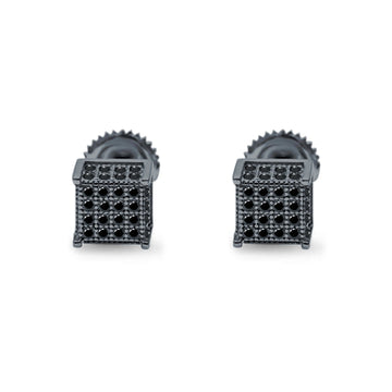 Square Stud Earrings Black Tone, Simulated Black CZ Accent Screw Back 925 Sterling Silver (6mm)